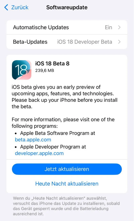 湟源苹果手机维修分享苹果 iOS / iPadOS 18 开发者预览版 Beta 8 发布 